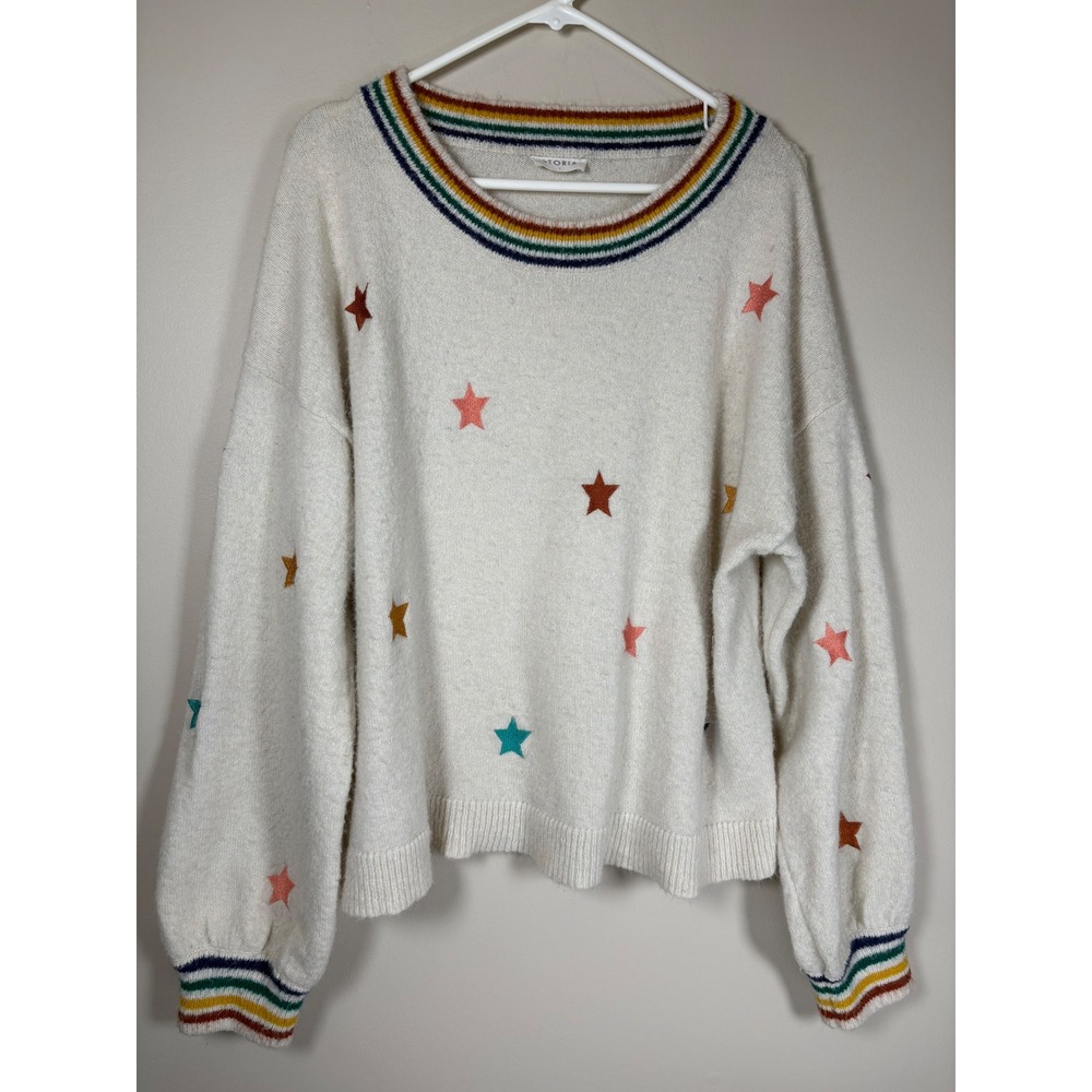 Storia Cream Star Print Rainbow Trim Balloon Sleeve Knit Sweater Large Artsy